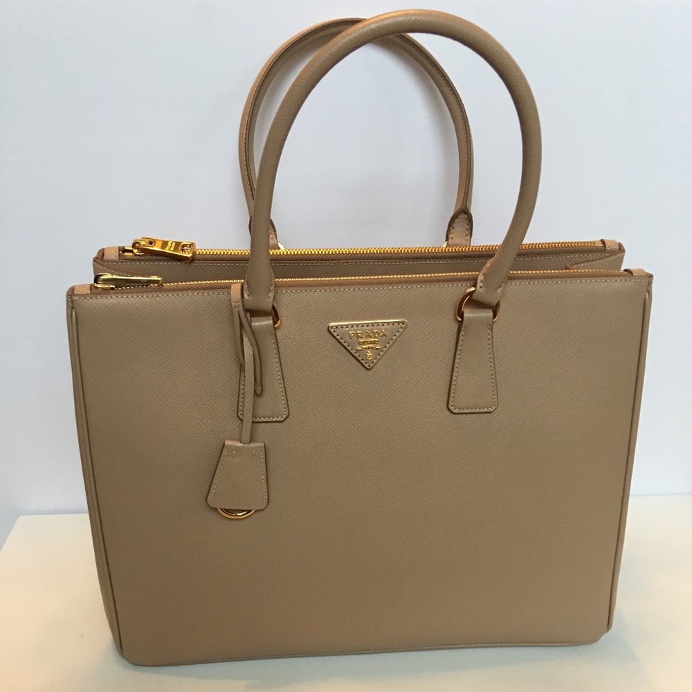 Prada Double Lux Large Saffiano Cammeo Leather Tote Beige Tan Nude Gold